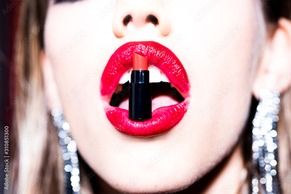 Wall mural Girl open mouth close up with red lipstick. Beauty female face. Make up and cosmetic. High resolution. Vogue style portrait. Lipstick or lip gloss.