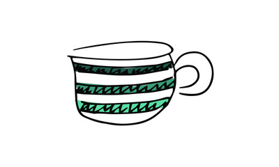 hand-drawn tea or coffee mug with doodle stripes. cute tea, coffee, Valentine Doodle art. use it as a clipart in greeting cards, print on clothes, animation, packaging