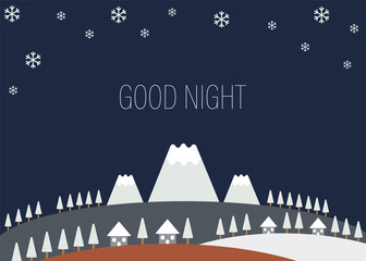 Winter frame of trees and houses and mountains, vector illustration, Good Night