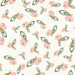 A seamless vector pattern with pink blossoms and teal leaves on a light rainy background. Girly spring themed surface print design. Great for cards, fabrics and gift wrap.