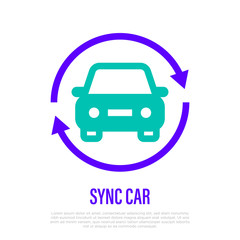 Car in arrows. Sync car thin line icon. Vector illustration.