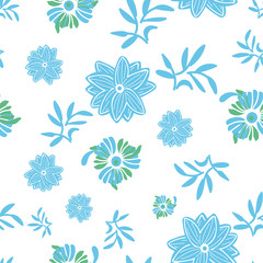 Fototapeta na wymiar A seamless vector pastel pattern with blue and green flowers and leaves on a white background. Surface print design.