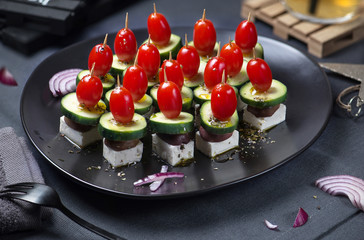 CHRISTMAS RECIPE. GREEK SALAD ON SKEWERS.