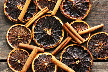 Dried Orange Slices Chips Dehydrated Crispy Citrus Group of Sun Dried Crunchy Oranges Healthy Snack Top view Flat Lay Brown Background