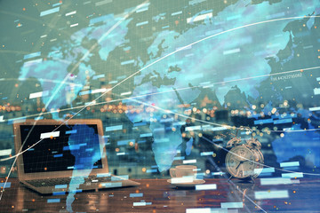 Technology theme drawing and work space with computer. Double exposure. Concept of innovation.