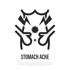 Abdominal pain thin line icon. Stomach ache. Woman is touching her belly. Vector illustration.