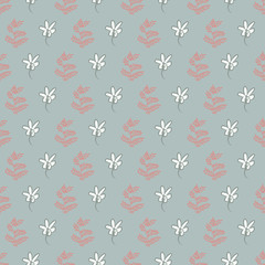 A seamless vector pattern with white flowers and pink leaves on a grey background. Surface print design in muted colors.