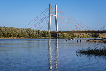 View from the laft bank of River Vistula on Siekierkowski Bridge in Warsaw city, Poland