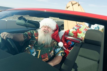 Man In Santa Claus Outfit Riding Car