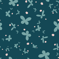 A dark teal butterflies seamless vector pattern. Girly romantic surface print design. Great or cards, invitations, wrapping paper and fabrics.