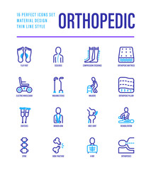 Orthopedic thin line icons set. Flat foot, scoliosis, compression stockings, mattress, pillow, electric wheelchair, walking stick, bone fracture. Vector illustration.