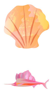 Marine set of Watercolor Vector Tropical Fish, Seaweed Coral Algae and Jellyfish Underwater Watercolor Vector illustration