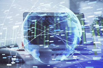 Multi exposure of business theme icons and work space with computer background. Concept of success.