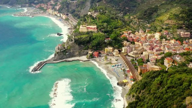 Monterosso is a village in the province of La Spezia, which is part of the Liguria region (northern Italy). It is one of the five Cinque Terre villages. aerial view with a drone and travel concept
