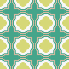 A seamless vector geometric abstract pattern with sqare quatrefoils in mint and lime green. Classic surface print design.