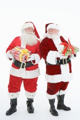 Caucasian Santa Claus Standing Together With Gift Boxes