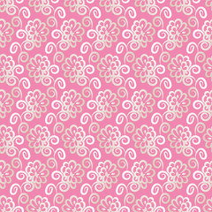 A seamless vector pattern with light floral lace on a pink background. Girly romantic surface print design. Great for cards, invitations, backgrounds, wrapping paper and fabrics.