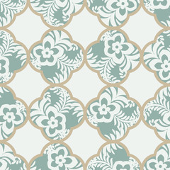 A seamless vector geometric quatrefoils pattern with botanical motifs in muted green. Classic surface print design. Great for wallpapers, backgrounds, textiles, cards and wrapping paper.