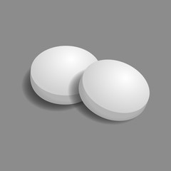 Two white round convex pills with shadow are isolated on a gray background. Realistic vector illustration in 3D style