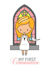 First communion card. Little girl with pigeon