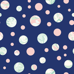A seamless vector pattern with marble textured planets. Cosmicc surface print design.