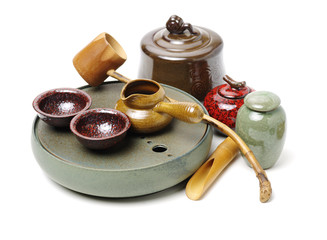 Closeup of tea set on white background
