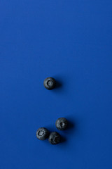 Obraz na płótnie Canvas Blueberries on blue paper background, dark blue tones image with space for text, minimalist photo