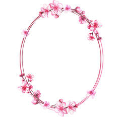  Frame with blooming cherry. Sakura. Watercolor.