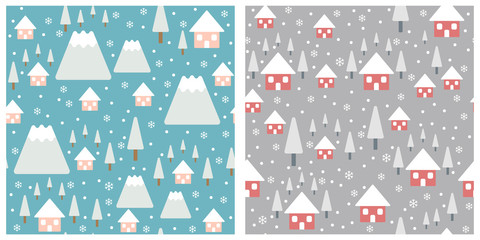 Set of winter seamless background. Houses, trees, mountains and snowflakes