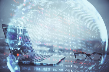 Multi exposure of business theme icons and work space with computer background. Concept of success.