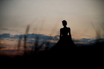 shot of a fairytale princess dark silhouette against a clear sky with a sunrise of a female in a ballgown or wedding dress. © Hugo