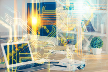 Multi exposure of table with computer and world map hologram. International data network concept.