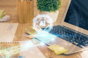 Technology theme drawing and table with computer. Double exposure. Concept of information.