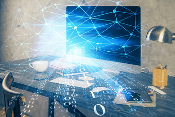 Technology theme drawing and table with computer. Double exposure. Concept of information.