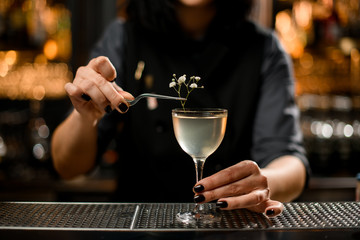 Close-up of bartender putting small branch in cocktail