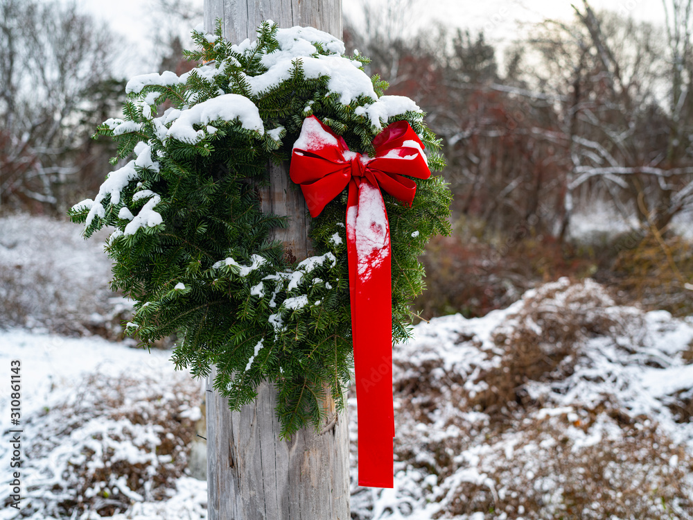 Wall mural A Simple Green Pine Wreath With A Long Red Bow