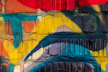 Beautiful bright colorful street art graffiti background. Abstract geometric spray drawing fashion colors on the walls of the city. Urban Culture detailed close up texture green, yellow ,blue picture