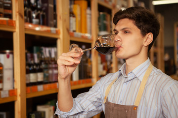 Professional sommelier tasting red wine, working at his wine shop, copy space