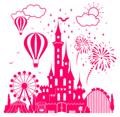 Fairytale castle of princess in an amusement park. Air balloons in sky, rides and entertainment. Illustration, vector © Kiselov