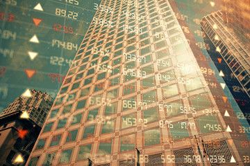 Naklejka na ściany i meble Forex chart on cityscape with tall buildings background multi exposure. Financial research concept.