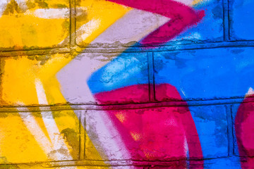 Beautiful bright colorful street art graffiti background. Abstract geometric spray drawing fashion colors on the walls of the city. Urban Culture detailed close up texture crimson, yellow ,blue 
