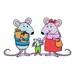 Rat family. Dad holds packages with purchases from the store, mom holds a child by the hand, a little boy with candy. Cartoon animal character vector illustration isolated white background.