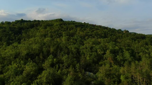 Forest hill near lake Butoniga dam in Croatia Istria peninsula, Aerial drone flyover shot