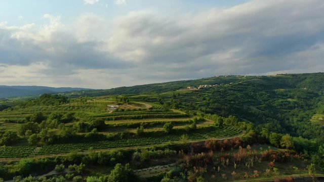 Hills on the edge of lake Butoniga water reservoir dam in Croatia with crops and forest areas seen, Aerial drone flyover approach shot