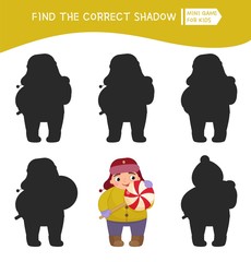 Educational  game for children. Find the right shadow. Kids activity with cute child.