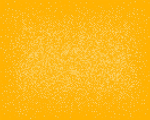 White halftone pixels dissolve, on an orange background. chaotic squares. Vector abstract illustration background.