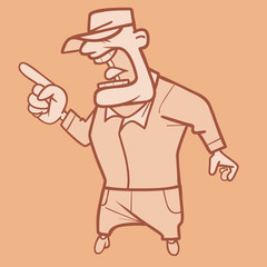 cartoon strict male trainer screaming threatening finger in brown tones