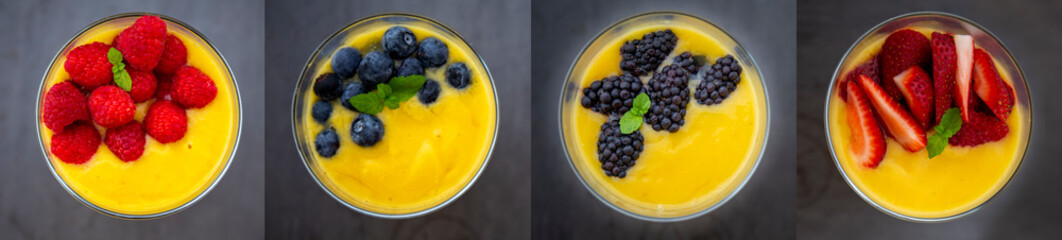 Chia pudding and Mango smoothie with raspberry topping