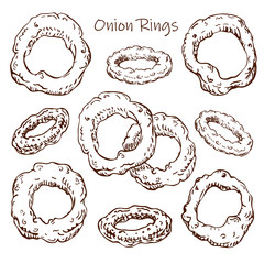 Hand drawn roasted onion rings illustration isolated on white background. street fast food or pub food collection in sketch style.Vintage engraved illustration of beer snack top view for your design