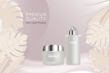 Beauty product ad design, white cosmetic containers with natural concept advertising background ready to use, luxury skin care banner, illustration vector.